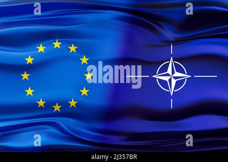 Flaggen der Europäischen Union und der NATO - Abbildung 3D Stockfoto