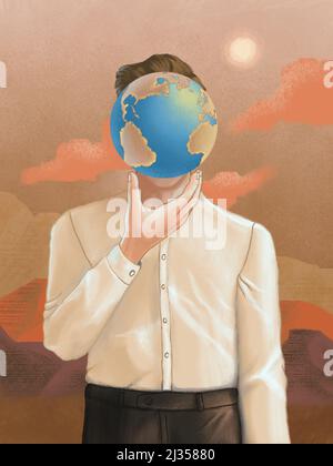 Mann, der einen Erdglobus in seinem Kopf hält. Digitale Illustration. Stockfoto