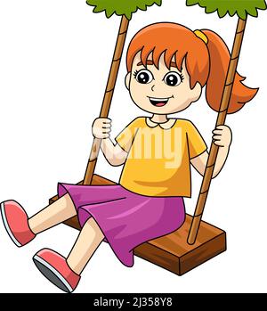 Mädchen auf Einem Swing Cartoon farbigen Clipart Stock Vektor