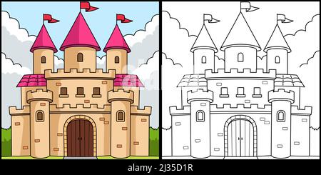 Royal Castle Coloring Seite Farbige Illustration Stock Vektor
