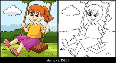 Girl on A Swing Coloring Page Illustration Stock Vektor