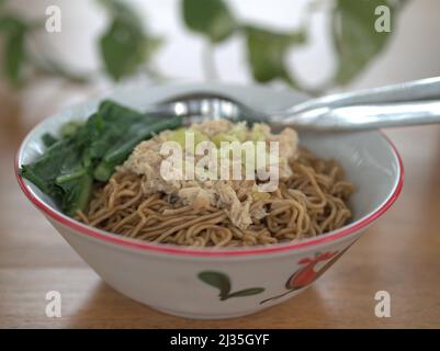 Chicken Noodle Asian mit Frühlingszwiebeln bestreut auf alte vintage asiatische Schüssel Mie Ayam Abang Abang Stockfoto