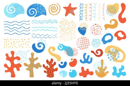 Abstrakte Form marine Objekte gesetzt. Organische Formen unter Wasser Ozeanwelt, Algen, Korallenriff mit Grunge Textur. Moderne trendige Scribble Formen Collage mit Welle, Scrapbook Sammlung. Isolierter Vektor Stock Vektor