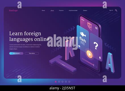 Online Fremdsprachen lernen isometrische Landing Page. Mobiltelefon mit mehrsprachiger Anwendung oder Internet-Service für Bildung. Smartphone-App Stock Vektor