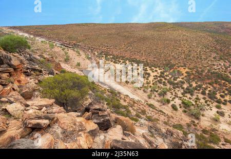 Beeindruckender Blick über den Murchison River vom berühmten Kalbarri Skywalk, einer beliebten Touristenattraktion im Kalbarri National Park, Western Australi Stockfoto