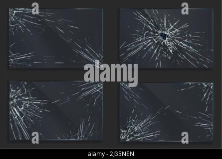 Zerbrochenes Glas mit Rissen und Loch von Aufprall oder Kugelschuss. Rechteckige Form klar Acryl oder Plexiglas Rahmen mit abgestürzten Textur, Kratzer und Stock Vektor