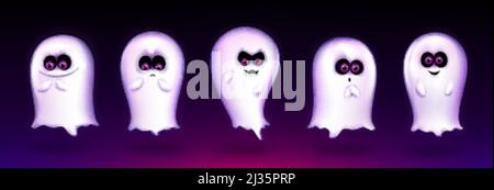 Niedlichen Geist, lustige Halloween Kreatur drücken verschiedene Emotionen, gruseligen Geist emoji lächelnd, schreien sagen boo. Fantasy Monster Maskottchen mit schönen kawa Stock Vektor