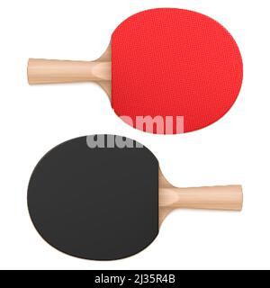 Tischtennispaddel, Tischtennisschläger, Ansicht von oben und unten. Sportgeräte mit Holzgriff und Gummi rot und schwarz Fledermausoberfläche isoliert auf whit Stock Vektor