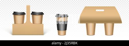 Kaffeetassen in Kraftpapier-Halter. Kartonverpackung für heiße Getränke zum Mitnehmen. Vektor realistische Mockup von blanken braunen Trägern für Einweg-Tee c Stock Vektor