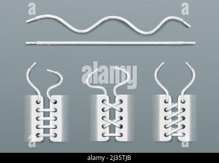 Weiße Schnürsenkel, Schnürung durch Seile in Sneakers auf unterschiedliche Weise. Vector realistische Satz von welligen und geraden Schuhschnüre, Stiefel oder Schuhe mit Schnüre iso Stock Vektor