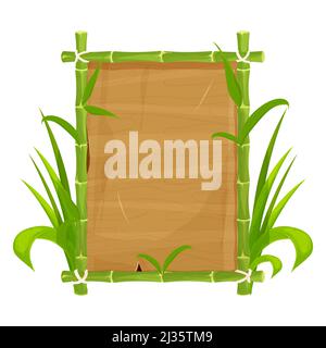 Grüner Bambusrahmen mit Blättern, leere Holzdiele, Schild im Cartoon-Stil isoliert auf weißem Hintergrund. Asiatische Tribal Dekoration, exotische Element ui-Spiel Asset. Vektorgrafik Stock Vektor