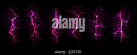 Blitzschlag, elektrische Gewitter schlagen während der Nacht Sturm, Aufprall, Riss, magische Energie Blitz der rosa Farbe. Starke elektrische Entladung isoliert o Stock Vektor