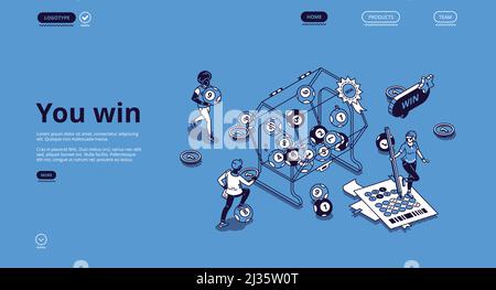 Lotterie gewinnen isometrische Landing Page mit winzigen Menschen um der riesigen Trommel mit Kugeln Rollen innen. Glück und Glück Konzept mit Charakter Füllung tic Stock Vektor