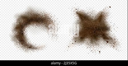 Explosion von Kaffeebohnen und Pulver. Vektor realistische Illustration von gerösteten gerösteten gemahlenen Kaffee und arabica-Getreide Stücke mit Spritzer von braunen du Stock Vektor