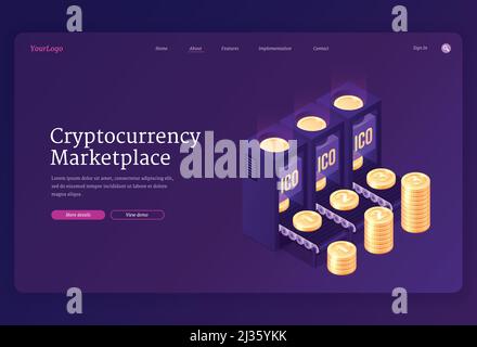 Banner für den Kryptowährungsmarkt. Konzept des Online-Kryptowährungswechsels oder der Transaktion mit Blockchain und digitalem Geld. Vektor Landing Page wi Stock Vektor