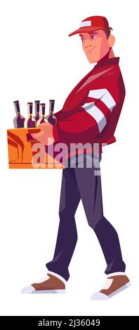 Lieferung Mann hält eine Holzkiste für Flaschen mit alkoholischen Getränken, Verpackung für die Lagerung und Lieferung Getränke Cartoon Vektor Illustration Stock Vektor