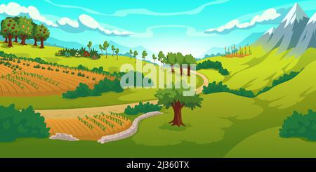 Sommerlandschaft mit Bergen, grünen Wiesen, Feldern und Garten. Vektor-Cartoon-Illustration der Landschaft mit Hügeln, Schneespitzen, Straße und Obst t Stock Vektor