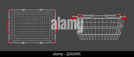 Supermarkt Korb aus Metalldraht in der oberen und seitlichen Ansicht. Vector realistische Nachbau von leeren Warenkorb mit roten Kunststoffgriffen für den Kauf von Lebensmitteln, Lebensmitteln und Waren in Markt und Shop Stock Vektor