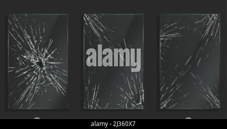 Gebrochenes Glas mit Rissen und Loch durch Aufprall oder Kugel. Vektor realistische Satz von Rechteck klar Acryl oder Plexiglas Rahmen mit abgestürzten Textur, wh Stock Vektor