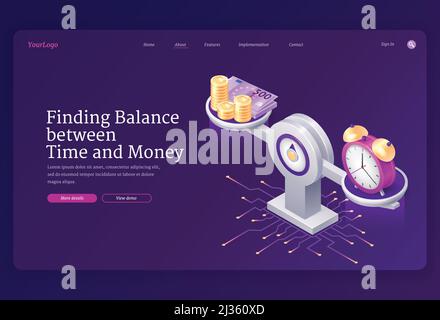 Zeit- und Geldausgleich nach Maß. Konzept der Vergleichsarbeit und des Wertes, des finanziellen Gewinns. Vektor-Landing-Page mit isometrischer Darstellung von Münzen, cas Stock Vektor