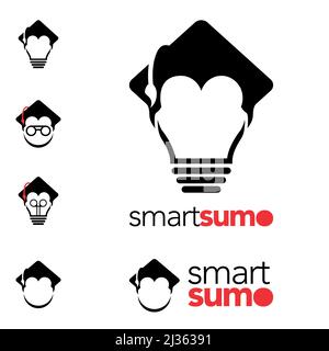Smart oder Genius Sumo Konzept, die Sumo Kopf oder Haar mit quadratischen akademischen Kappe und einige Version mit Glühbirne oder Brille kombiniert Stock Vektor