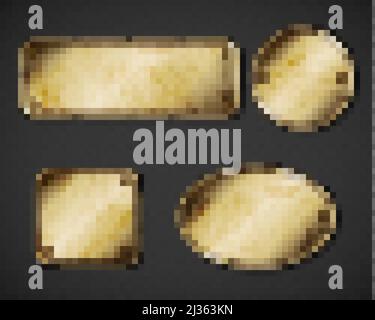 Alte Teller aus Gold oder Messing, goldene, schäbige Namensschilder mit Lücken und leerem Nachbau. Schmutzige Kennzeichnungsschilder aus Metall, runder, ovaler und rechteckiger Rahmen Stock Vektor