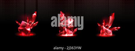 Kostbare, rote, glänzende Kristalle isoliert auf transparentem Hintergrund. Vektor realistische Set von 3d Edelsteinen verschiedenen Formen, Gesteinsmineralien, Geo Stock Vektor