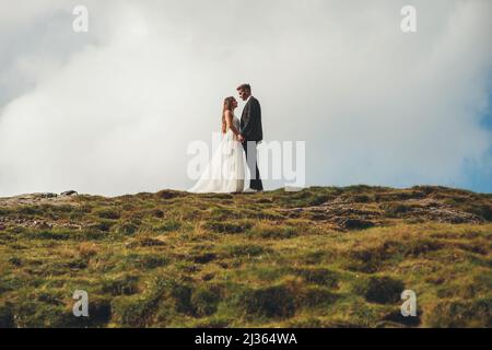 Seitenansicht eines liebenden Ehepaares, das auf einem grasbewachsenen Hügel steht und die Hände hält, während es sich anschaut. Seitenansicht. Hochzeit im Urlaub. Draufsicht Stockfoto