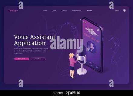 Isometrische Landing Page der Voice Assistant-Anwendung. Intelligente App zur Erkennung von Befehlen für Lautsprecher, digitale Identifikationstechnologien. Kleine Frau steht auf hu Stock Vektor