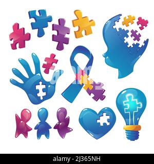 Autismus-Bewusstsein-Symbole Puzzleteile, Kinderkopf und offene Handfläche mit Loch, blauem Band, Kinder-Figuren winkende Hände, Herz und Glühbirne isoliert auf Whi Stock Vektor