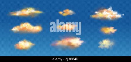 Realistische Wolken von gelben oder orangen Farben, Sonnenuntergang oder Sonnenaufgang flauschige Spindrift oder Cumulus Wirbel fliegendes Wetter und Natur Design Elemente isoliert o Stock Vektor