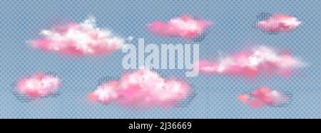 Realistische rosa Wolken, Sonnenuntergang oder Sonnenaufgang flauschige Spindrift oder Cumulus Wirbel fliegen isoliert auf transparentem Hintergrund, Wetter und Natur Design eleme Stock Vektor