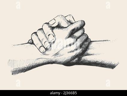 Skizzendarstellung von zwei Händen, die sich stark halten Stock Vektor
