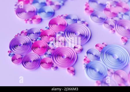 3D Abbildung eines volumetrischen mehrfarbigen Herzens aus Kreis auf blauem Hintergrund. Origimi-Kunsthandwerk. Valentine Grußwort Konzept Stockfoto
