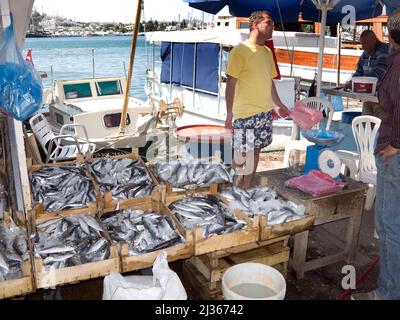 Fischverkäufer am Hafen von Bodrum, Türkei, Mittelmeer Stockfoto