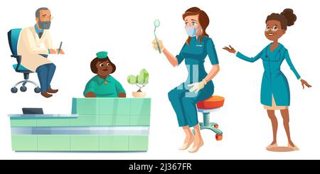 Krankenhauspersonal, Ärzte, Krankenschwestern und Rezeptionisten in medizinischen Roben mit medizinischen Sachen. Klinikpersonal, Ärzteberuf Stock Vektor
