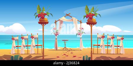 Strand Hochzeitsbogen und Dekoration am Meer. Torbogen mit Blumenmuster und Stühle stehen am Sandstrand des Ozeans mit verstreuten Blütenblättern. Tor mit Blumen für die Ehe Stock Vektor