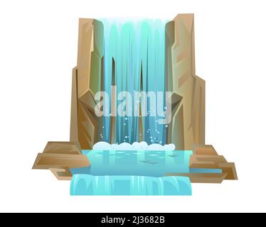 Wasserfall zwischen Felsen. Kaskade schimmert nach unten. Fließendes Wasser. Objekt auf weißem Hintergrund isoliert. Cooler Cartoon-Style. Über den See. Vektor Stock Vektor