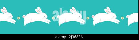 Osterhase Muster Grenze. Niedliche Vektor nahtlose Wiederholung Banner von springenden Kaninchen und Blumen. Stock Vektor