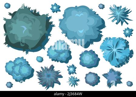 Nacht tropisch Pflanzenlandschaft Draufsicht. Set von wilden Palmen und Sträuchern. Regenwald im dunklen Dämmerungsdschungel. Isoliert auf weißem Hintergrund. Abbildung Stock Vektor