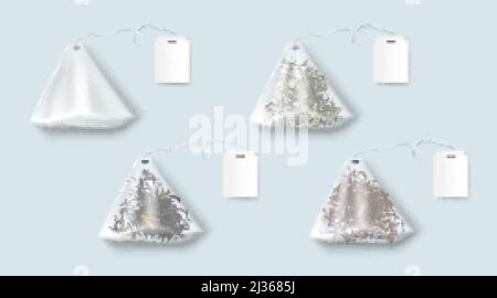 Teebeutel mit grünen und schwarzen Blättern und Kräutern. Vector realistischer Satz von transparenten Dreiecks-Teebeuteln mit leerem weißen Tag auf der Schnur. Leeres 3d-Sachet i Stock Vektor