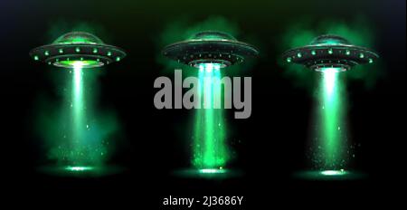 3d UFO, Vektor Alien Raumschiffe mit grünem Lichtstrahl, Rauch und funkelt. Untertassen mit heller Beleuchtung und vertikalem Strahl zur Entführung, unidentif Stock Vektor