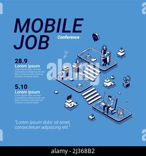 Poster zur mobilen Jobkonferenz. Workshop über Online-Geschäft mit Telefon, Karriere im digitalen Bereich, mobiles Marketing und Netzwerk. Isometrischer Vektor-Illus Stock Vektor