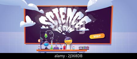 Science Lab Banner für Studien- und Chemieexperimente für Kinder. Vektor Landing Page der Bildung Präsentation der wissenschaftlichen Forschung. Zeichentrickfilm illustre Stock Vektor
