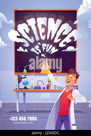 Wissenschaft ist Spaß Cartoon-Poster mit glücklichen Chemiker hält Glaskolben, dabei Forschungstest im chemischen Labor mit wissenschaftlichen Geräten, Röhren, Bea Stock Vektor