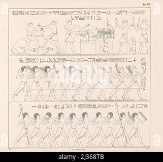 Ancient Egyptian Military in Festive Parade aus dem Buch "die Flotte einer ägyptischen Königin" aus dem XVII. Jahrhundert vor unserer Ära und alten ägyptischen Militär auf Parade: Dargestellt auf einem Denkmal des gleichen Alters, beide in einigen Teilen restauriert und zum ersten Mal vom Autor nach einer Kopie aus der Terrasse-Tempel von Dêr-el-Baheri veröffentlicht : Mit einem Anhang, der die Fische des Roten Meeres in der ursprünglichen Größe des Denkmals als Ornamente unter der Flotte enthält, einer chronologisch angeordneten Anzahl von Darstellungen altägyptischer Schiffe und einigen Darstellungen und Inschriften Stockfoto