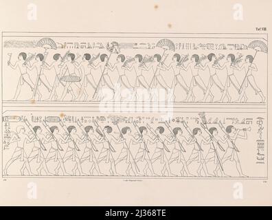 Ancient Egyptian Military in Festive Parade aus dem Buch "die Flotte einer ägyptischen Königin" aus dem XVII. Jahrhundert vor unserer Ära und alten ägyptischen Militär auf Parade: Dargestellt auf einem Denkmal des gleichen Alters, beide in einigen Teilen restauriert und zum ersten Mal vom Autor nach einer Kopie aus der Terrasse-Tempel von Dêr-el-Baheri veröffentlicht : Mit einem Anhang, der die Fische des Roten Meeres in der ursprünglichen Größe des Denkmals als Ornamente unter der Flotte enthält, einer chronologisch angeordneten Anzahl von Darstellungen altägyptischer Schiffe und einigen Darstellungen und Inschriften Stockfoto