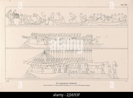 Verschiedene alte ägyptische Schiffe aus dem Buch "die Flotte einer ägyptischen Königin" aus dem XVII. Jahrhundert vor unserer Ära und alten ägyptischen Militär auf Parade : Dargestellt auf einem Denkmal des gleichen Alters, beide in einigen Teilen restauriert und zum ersten Mal vom Autor nach einer Kopie aus der Terrasse-Tempel von Dêr-el-Baheri veröffentlicht : Mit einem Anhang, der die Fische des Roten Meeres in der ursprünglichen Größe des Denkmals als Ornamente unter der Flotte enthält, einer chronologisch angeordneten Anzahl von Darstellungen altägyptischer Schiffe und einigen Darstellungen und Inschriften aus verschiedenen Stockfoto