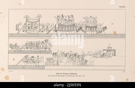 Verschiedene alte ägyptische Schiffe aus dem Buch "die Flotte einer ägyptischen Königin" aus dem XVII. Jahrhundert vor unserer Ära und alten ägyptischen Militär auf Parade : Dargestellt auf einem Denkmal des gleichen Alters, beide in einigen Teilen restauriert und zum ersten Mal vom Autor nach einer Kopie aus der Terrasse-Tempel von Dêr-el-Baheri veröffentlicht : Mit einem Anhang, der die Fische des Roten Meeres in der ursprünglichen Größe des Denkmals als Ornamente unter der Flotte enthält, einer chronologisch angeordneten Anzahl von Darstellungen altägyptischer Schiffe und einigen Darstellungen und Inschriften aus verschiedenen Stockfoto