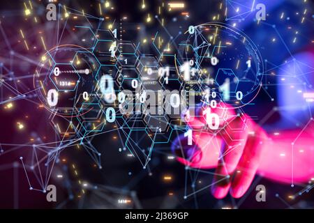 Ein 3D Render eines Neuronalen Netzes. Big Data und Cybersicherheit mit verschwommenen Fingern und einem dunklen Thema Stockfoto